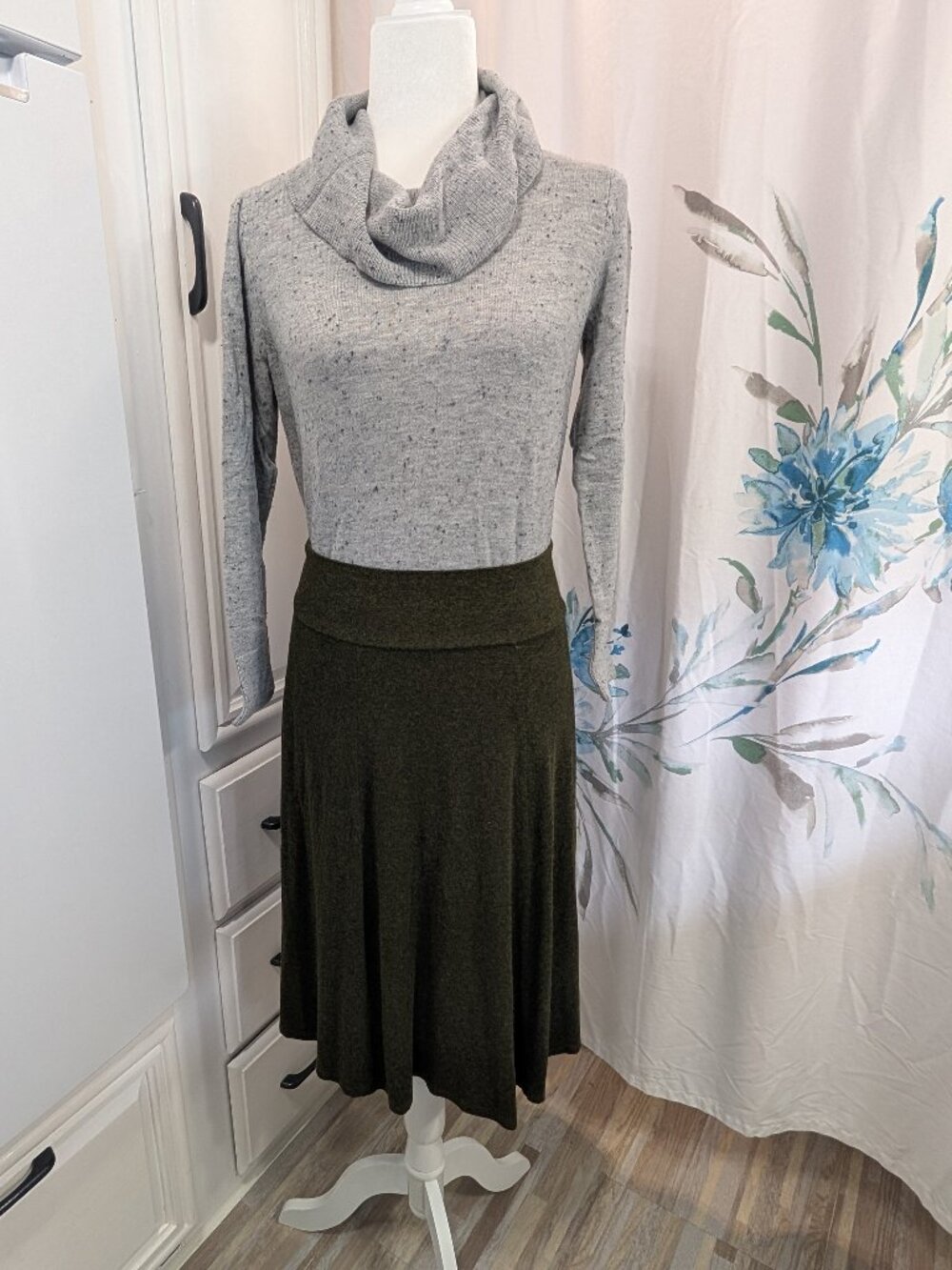 Cozy Fall Cabincore Tunic Grey Speckled Marled Knit TurtleNeck Cowl Sweater SP